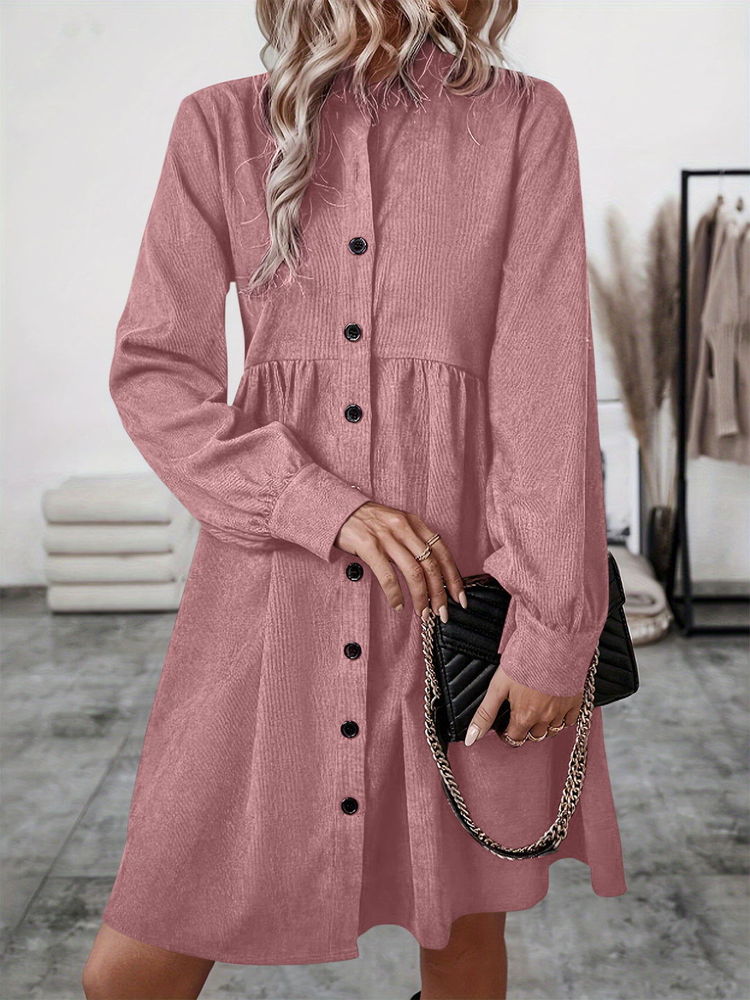 PRE-ORDER: Ruched Button Up Long Sleeve Dress