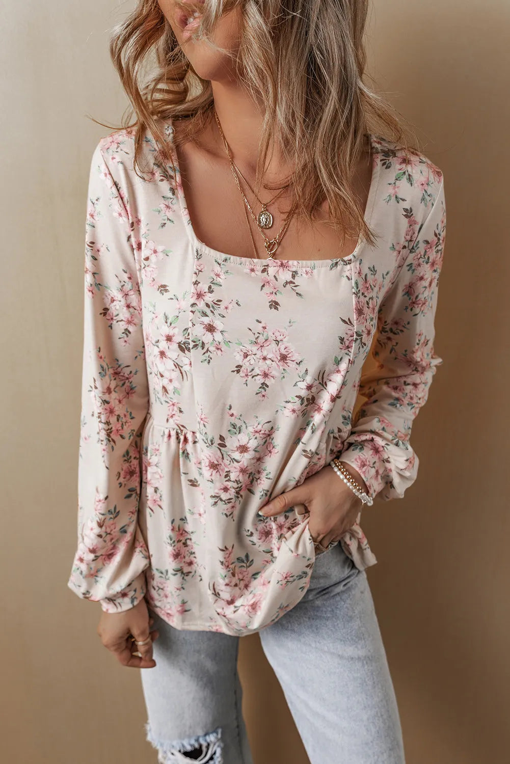 PRE-ORDER: Printed Square Neck Long Sleeve Blouse