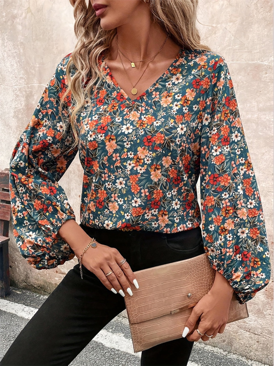 PRE-ORDER: Printed V-Neck Balloon Sleeve Blouse