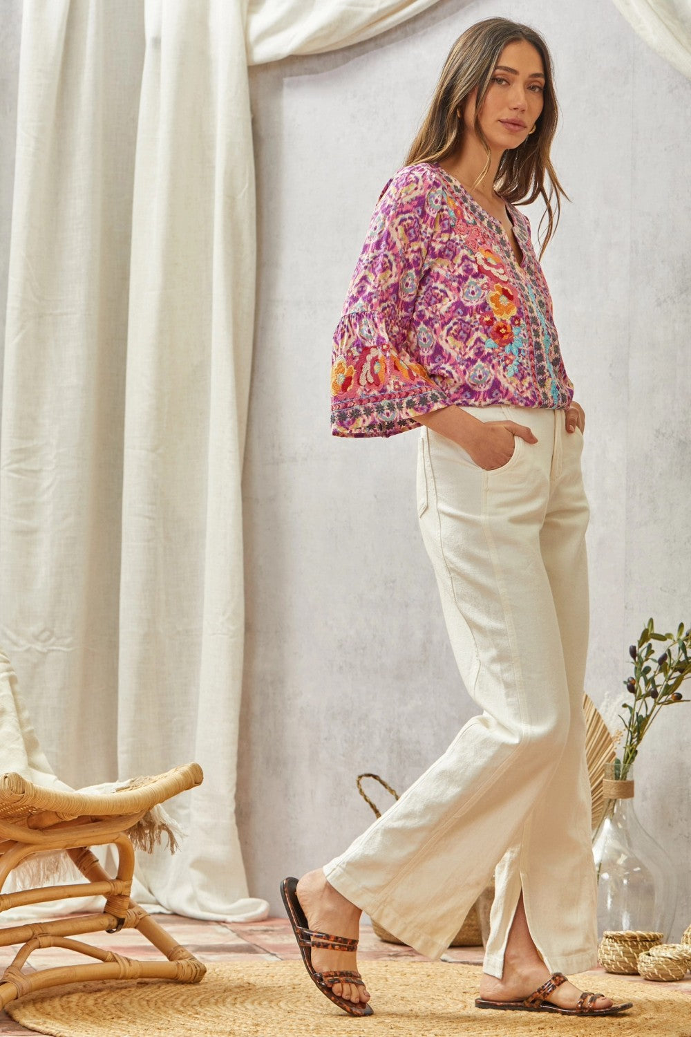 Print Embroidery Tunic Top