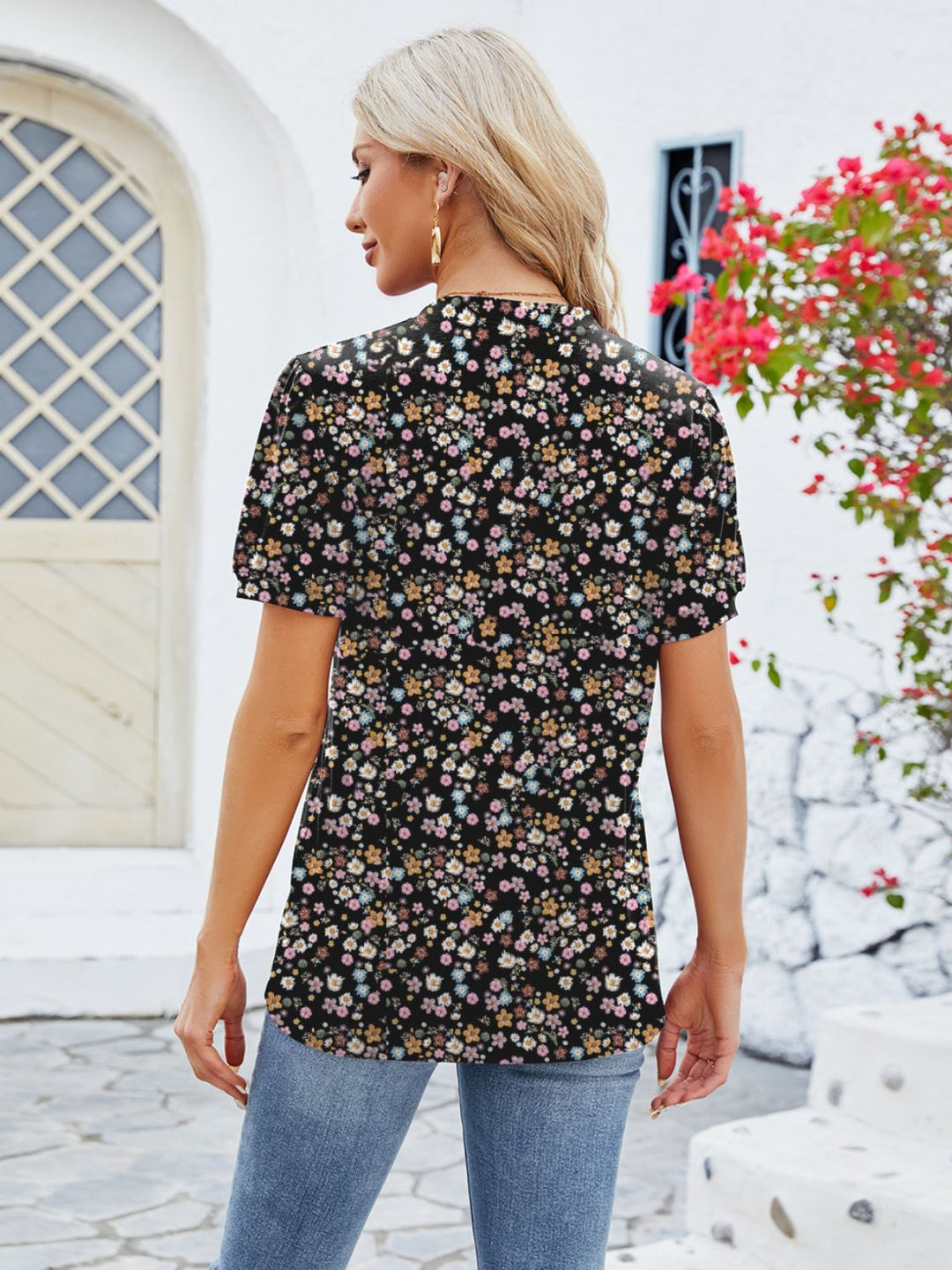 PRE-ORDER: Ruched Printed Notched Short Sleeve Blouse