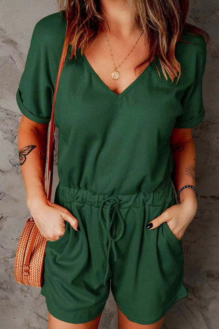 PRE-ORDER: Full Size Drawstring V-Neck Short Sleeve Romper