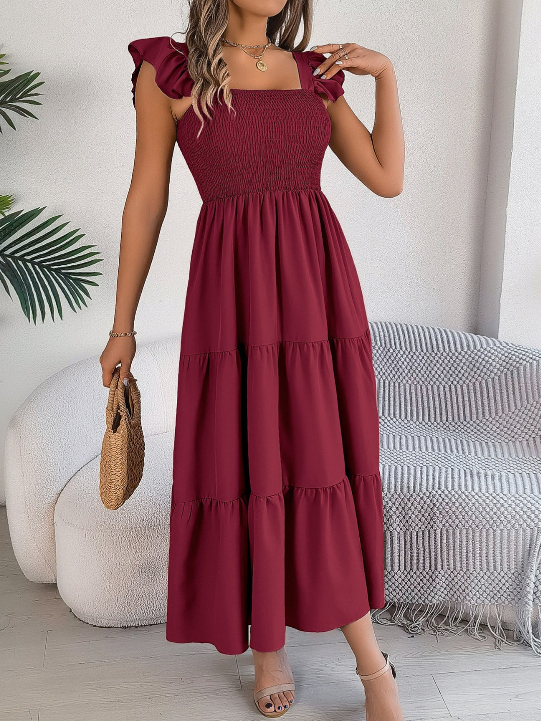 PRE-ORDER: Smocked Square Neck Cap Sleeve Midi Dress