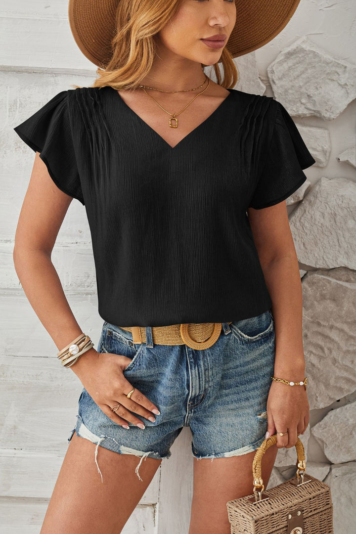 PRE-ORDER: Ruched V-Neck Flounce Sleeve Blouse