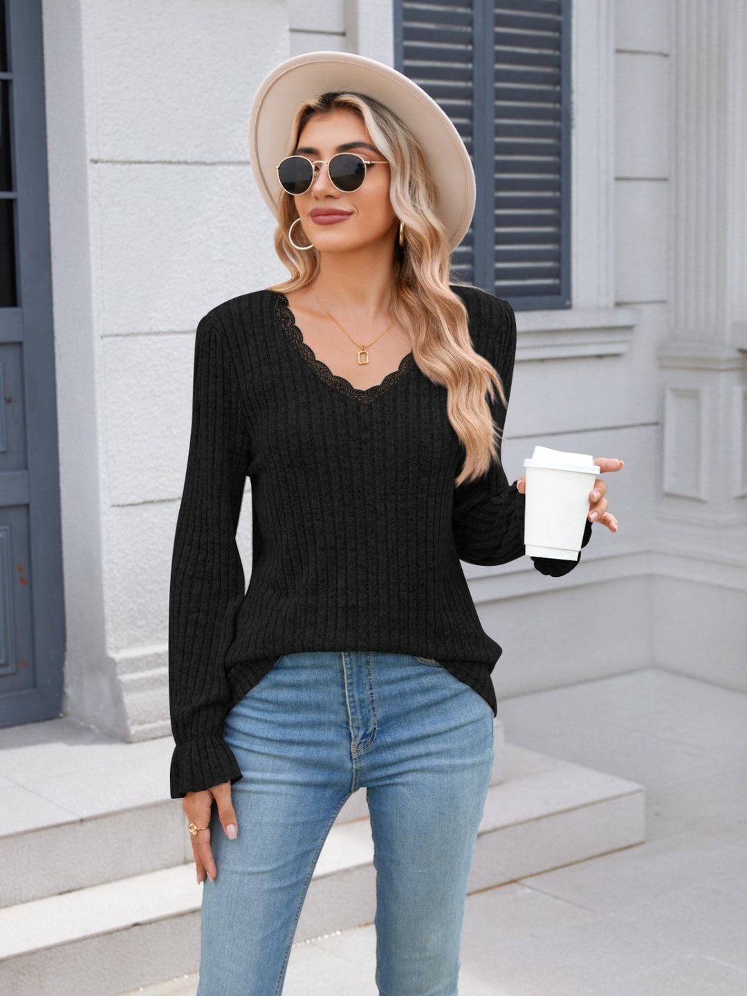 PRE-ORDER: Lace Detail V-Neck Long Sleeve T-Shirt