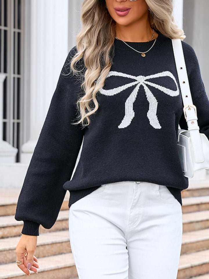 PRE-ORDER: Angel Wings Bow Graphic Round Neck Long Sleeve Sweater