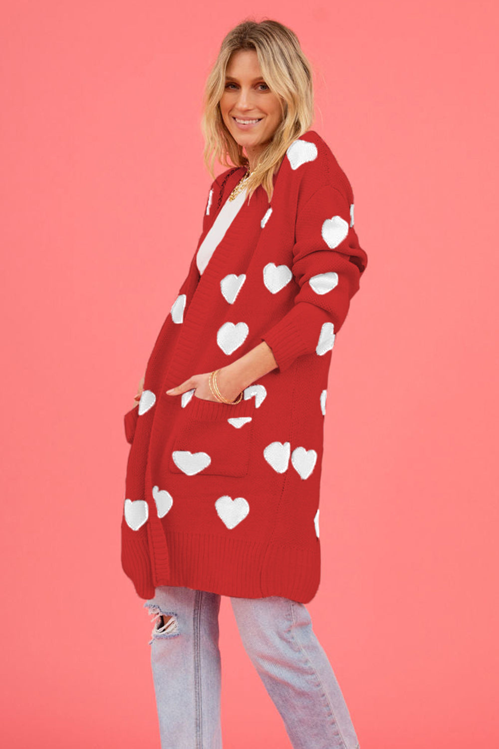 PRE-ORDER: Heart Graphic Open Front Cardigan with Pockets