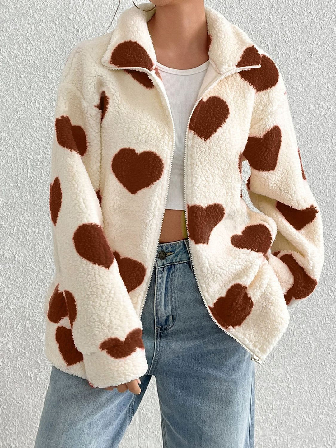 PRE-ORDER: Heart Zip Up Drop Shoulder Furry Jacket