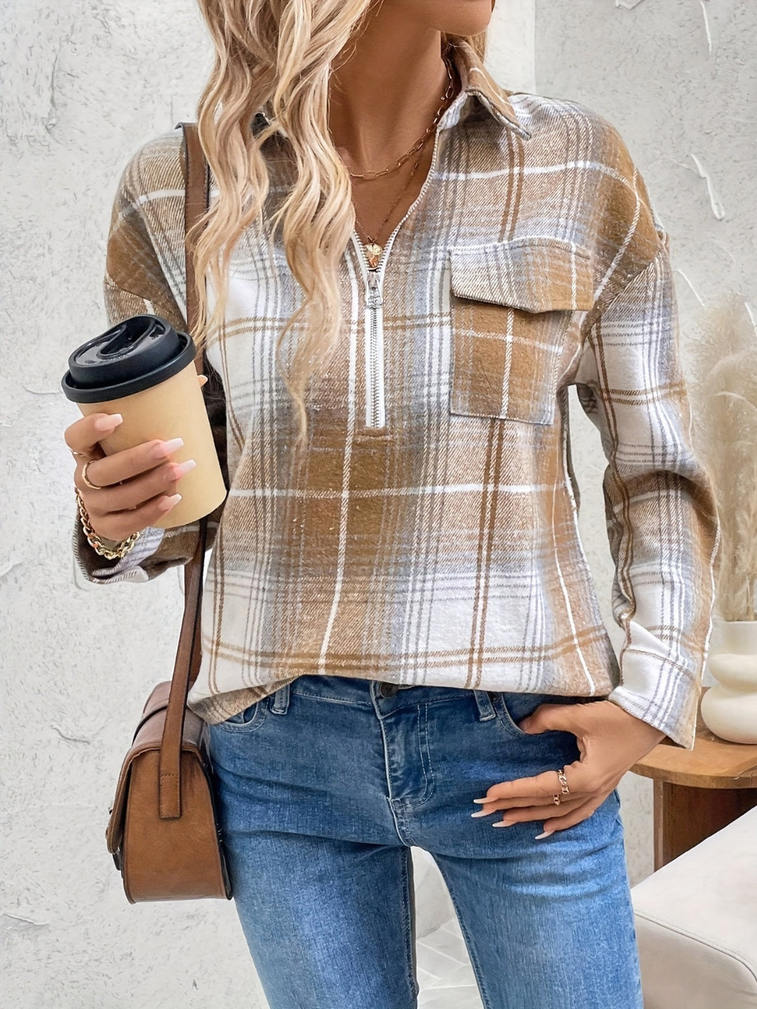 PRE-ORDER: Plaid Collared Neck Half Zip Long Sleeve Top