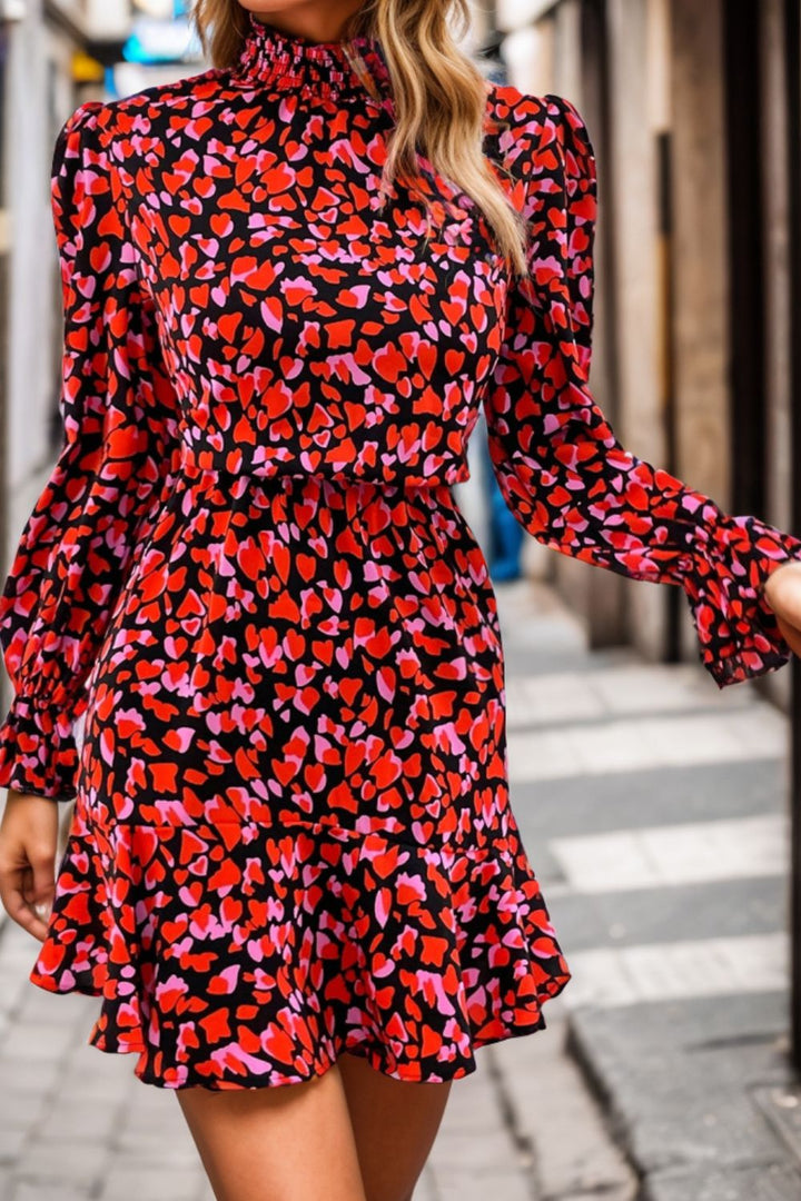 PRE-ORDER: Heart Printed Mock Neck Flounce Sleeve Dress