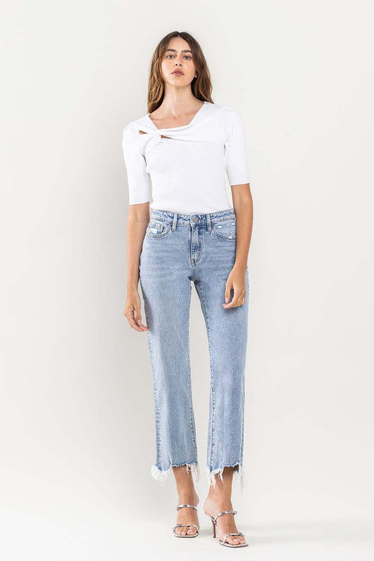 High Rise Cropped Distressed Hem Dad Jeans