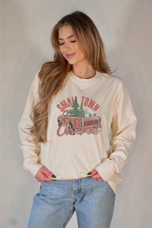 Small Town Christmas Trees Graphic Long Sleeve Tee