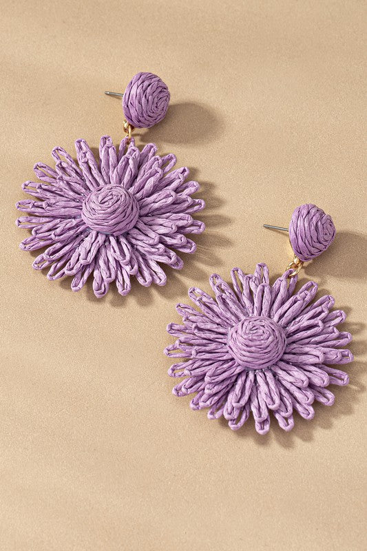 Raffia straw flower drop earrings