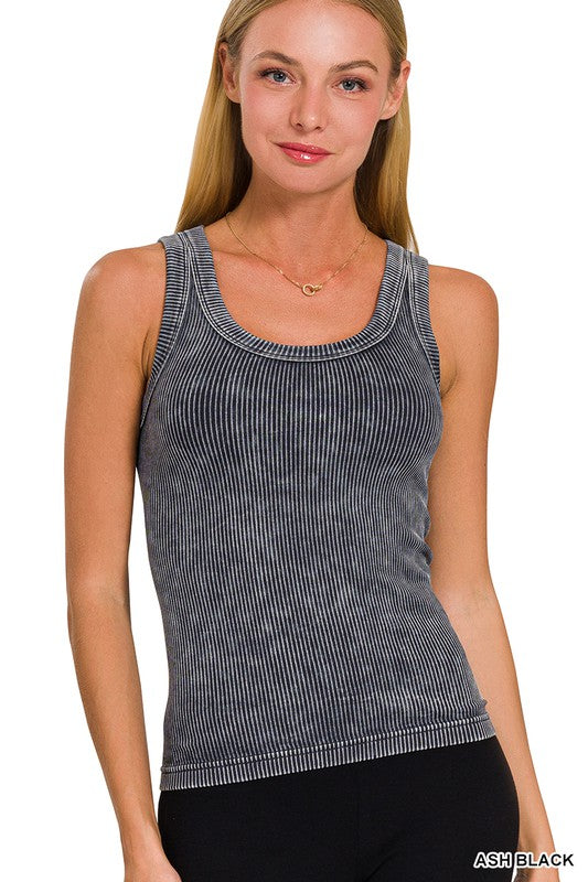 2-Way Neckline Washed Ribbed Tank Top