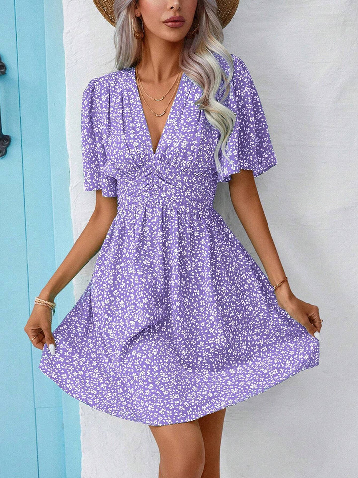 PRE-ORDER: Printed V-Neck Half Sleeve Mini Dress