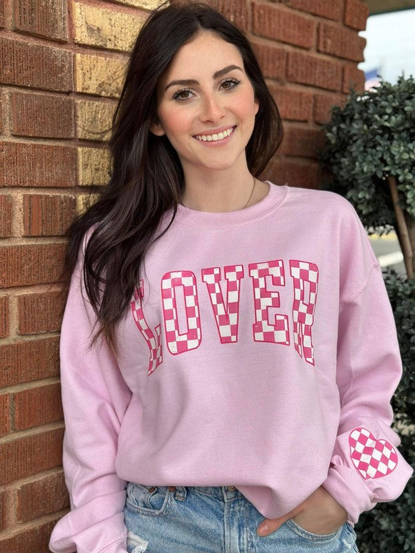 Pink Checkered Lover with Heart Sleeve Sweatshirt