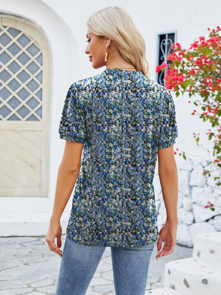 PRE-ORDER: Ruched Printed Notched Short Sleeve Blouse