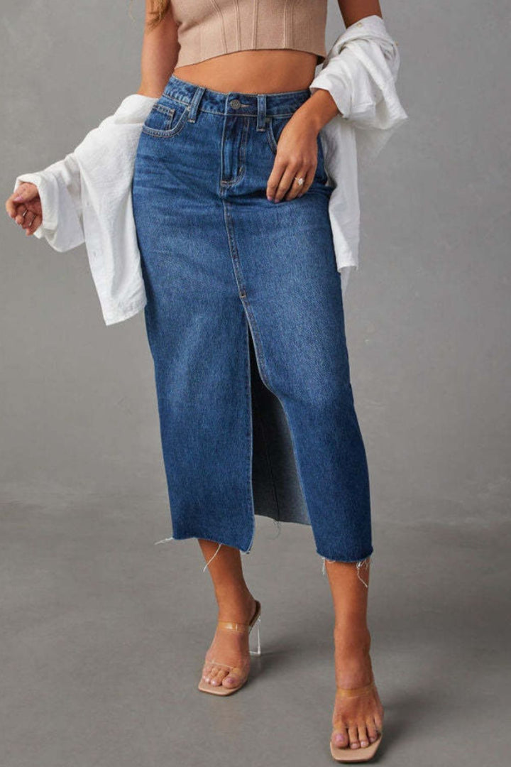 PRE-ORDER: Slit Raw Hem Midi Denim Skirt