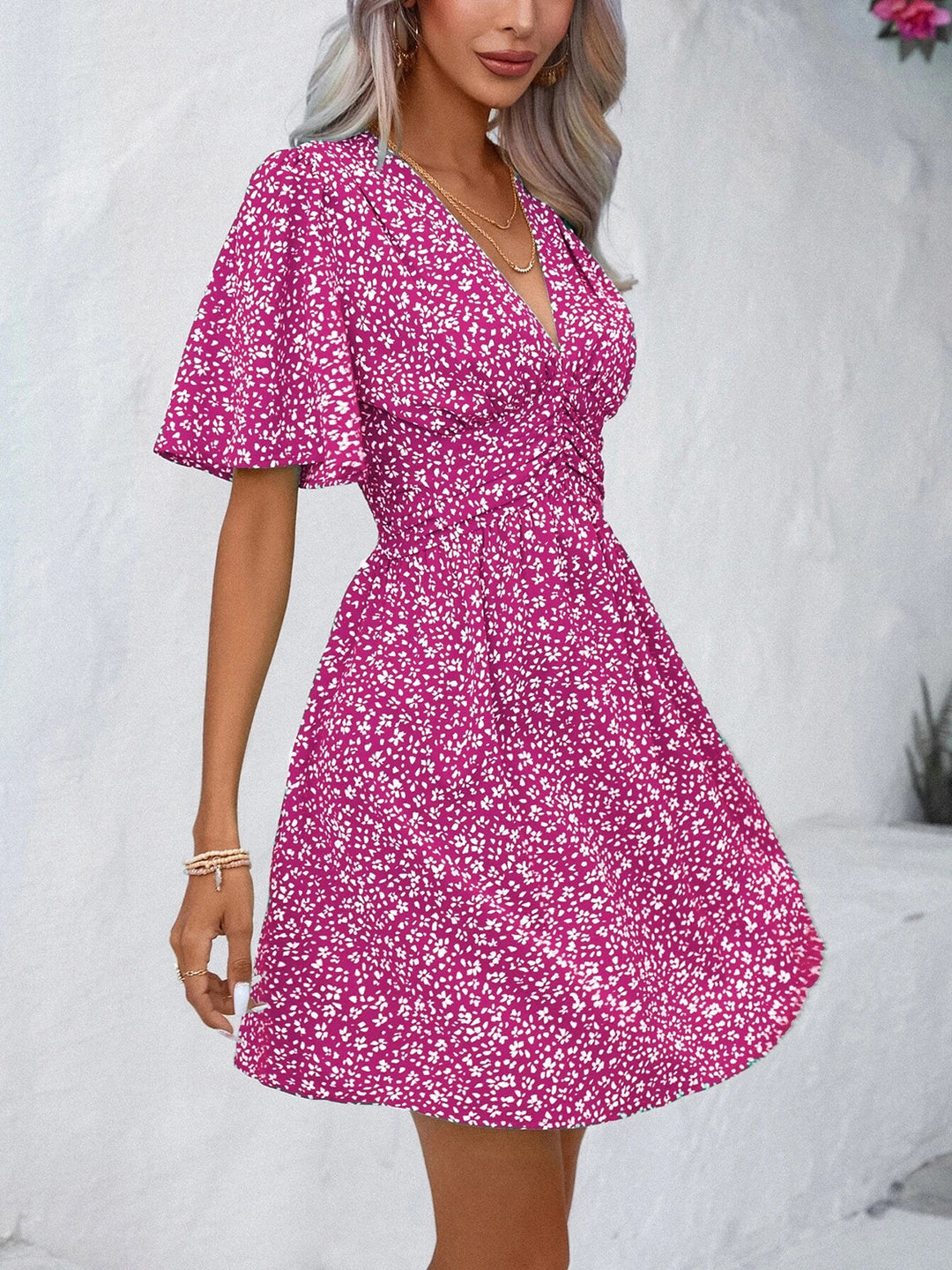 PRE-ORDER: Printed V-Neck Half Sleeve Mini Dress