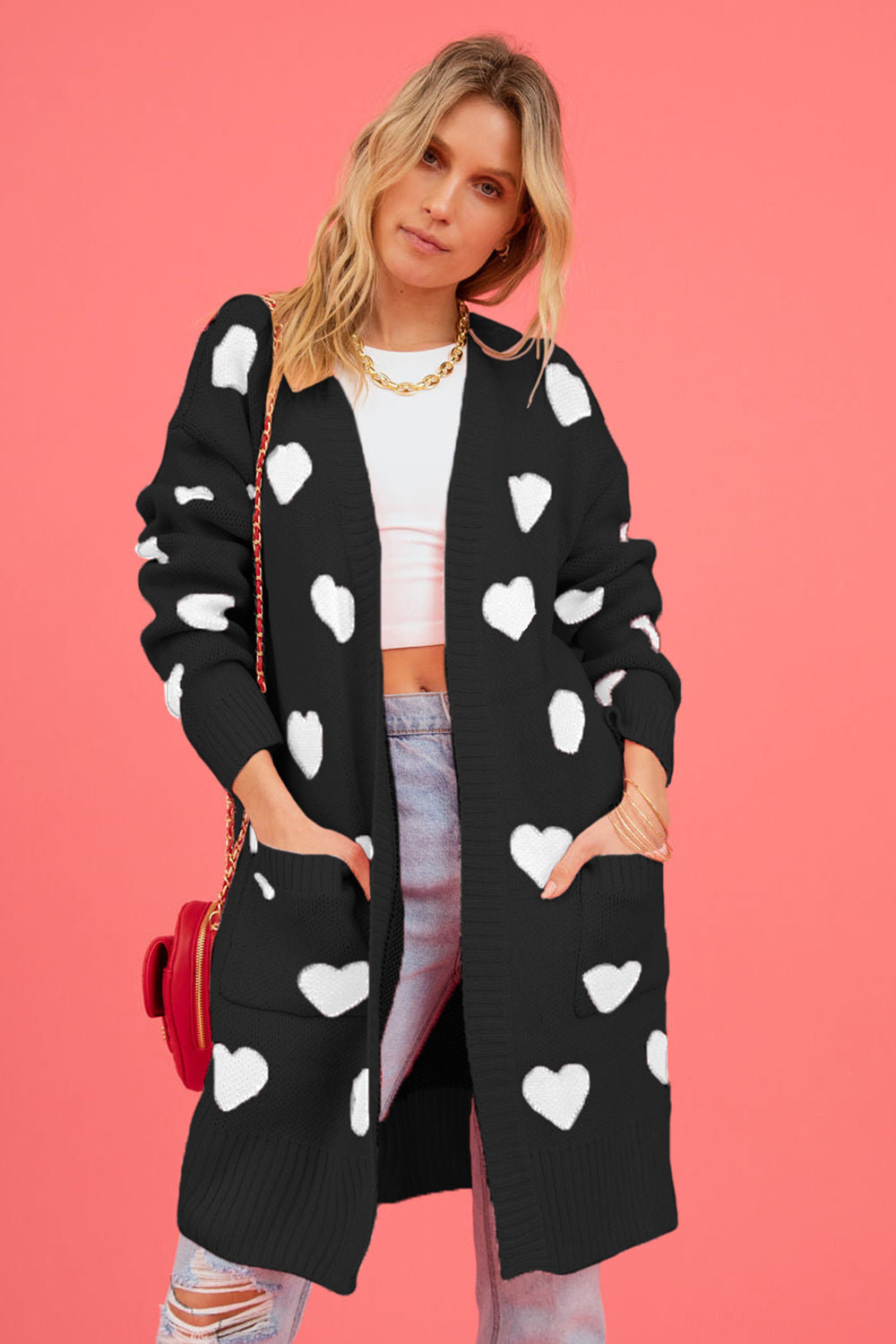 PRE-ORDER: Heart Graphic Open Front Cardigan with Pockets