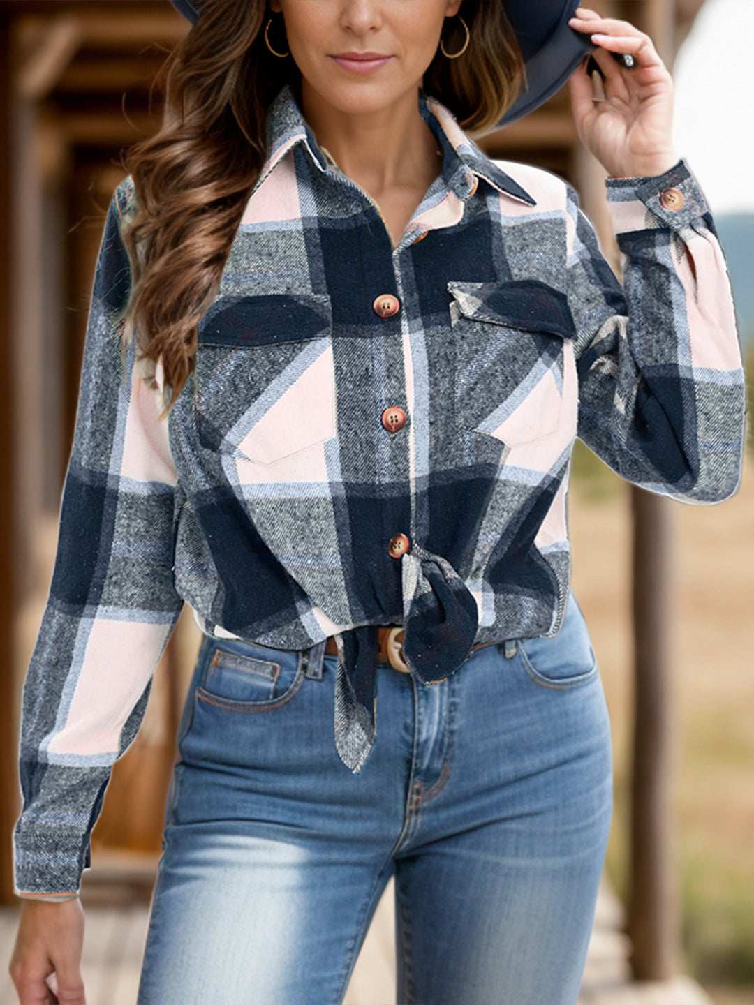 PRE-ORDER: Full Size Pocketed Plaid Collared Neck Shacket