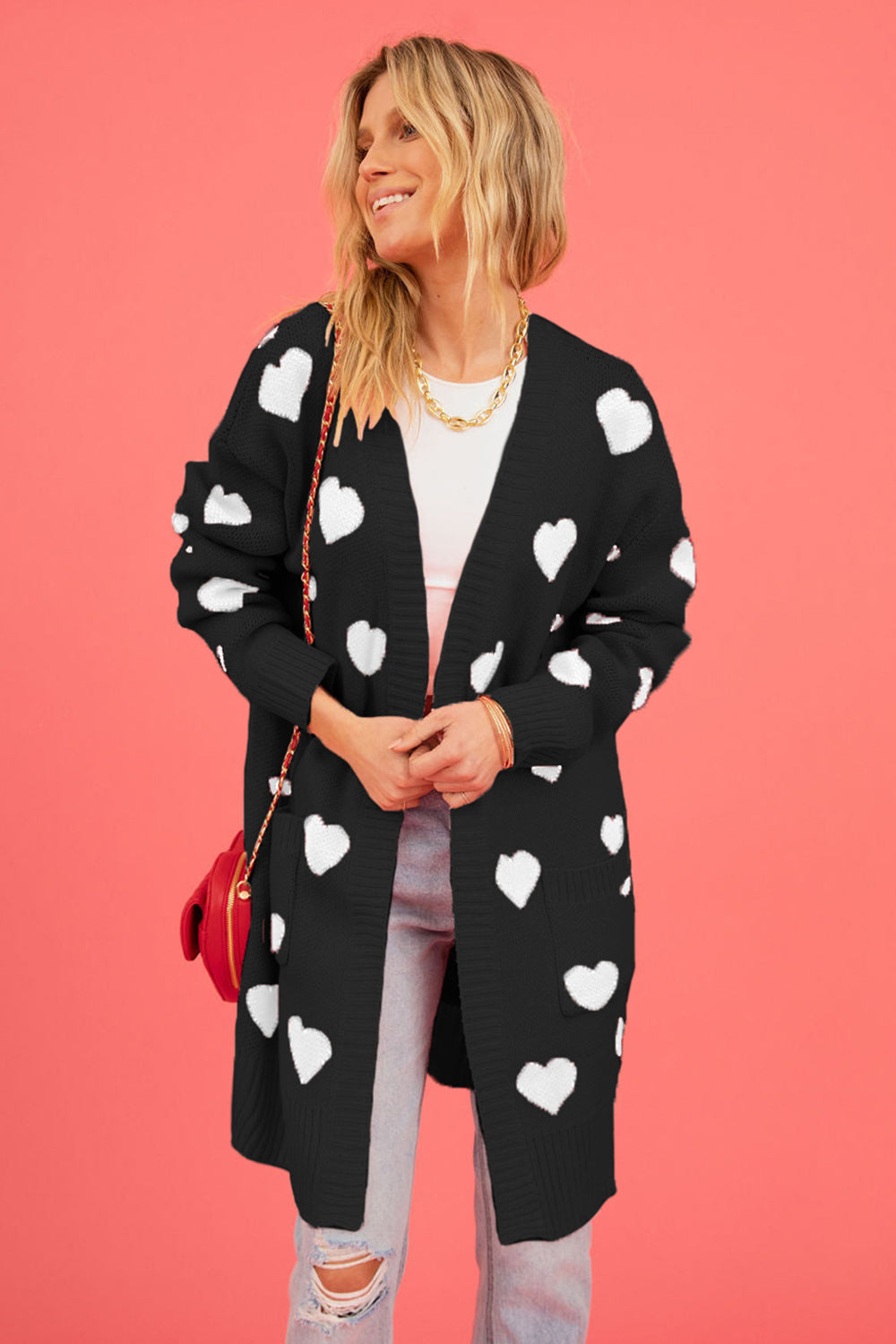 PRE-ORDER: Heart Graphic Open Front Cardigan with Pockets