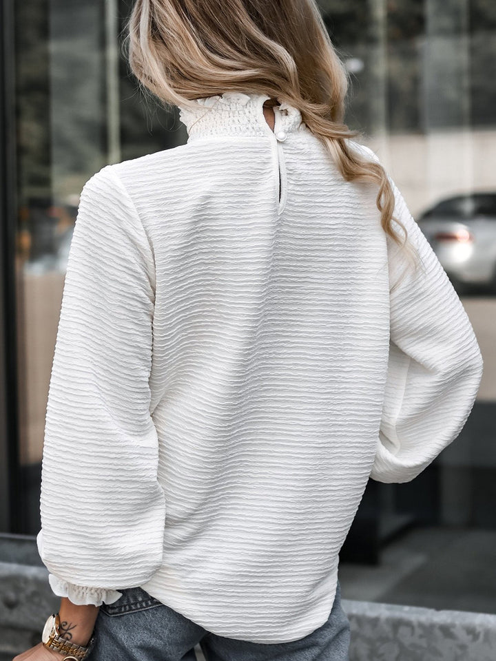 PRE-ORDER: Smocked Frill Mock Neck Long Sleeve Blouse