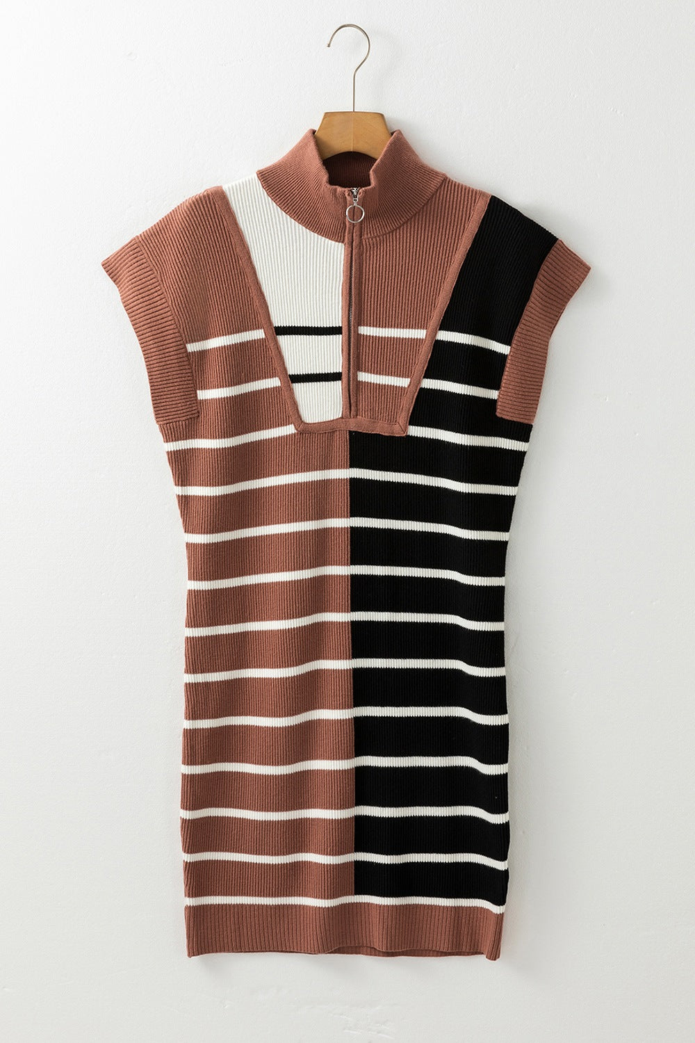 PRE-ORDER: Striped Quarter Zip Cap Sleeve Sweater Dress