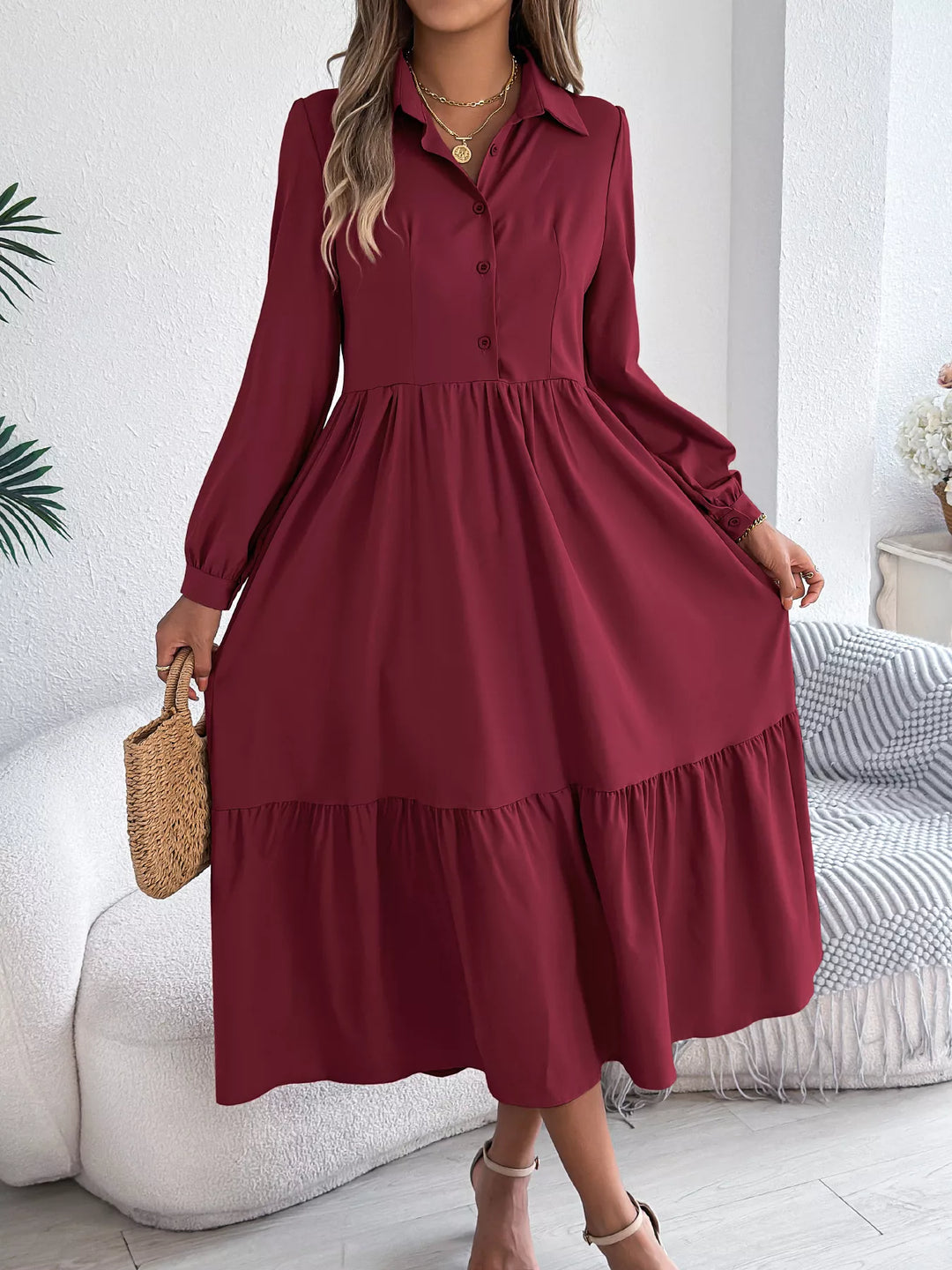 Pre-Order: Long Sleeve Tiered Button Front Midi Dress Pre-Order: Long Sleeve Tiered Button Front Midi Dress