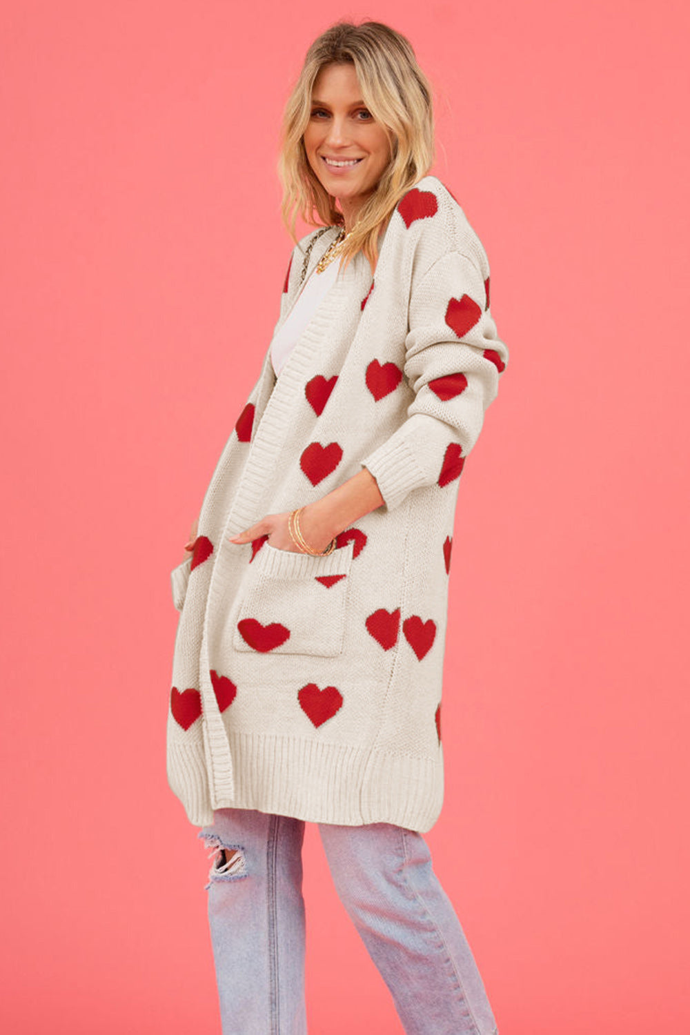 PRE-ORDER: Heart Graphic Open Front Cardigan with Pockets