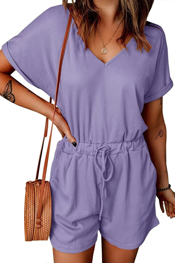 PRE-ORDER: Full Size Drawstring V-Neck Short Sleeve Romper