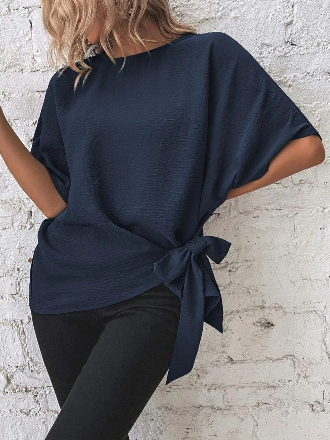 PRE-ORDER: Knotted Round Neck Half Sleeve Blouse