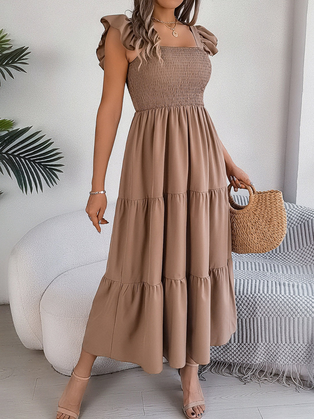 PRE-ORDER: Smocked Square Neck Cap Sleeve Midi Dress