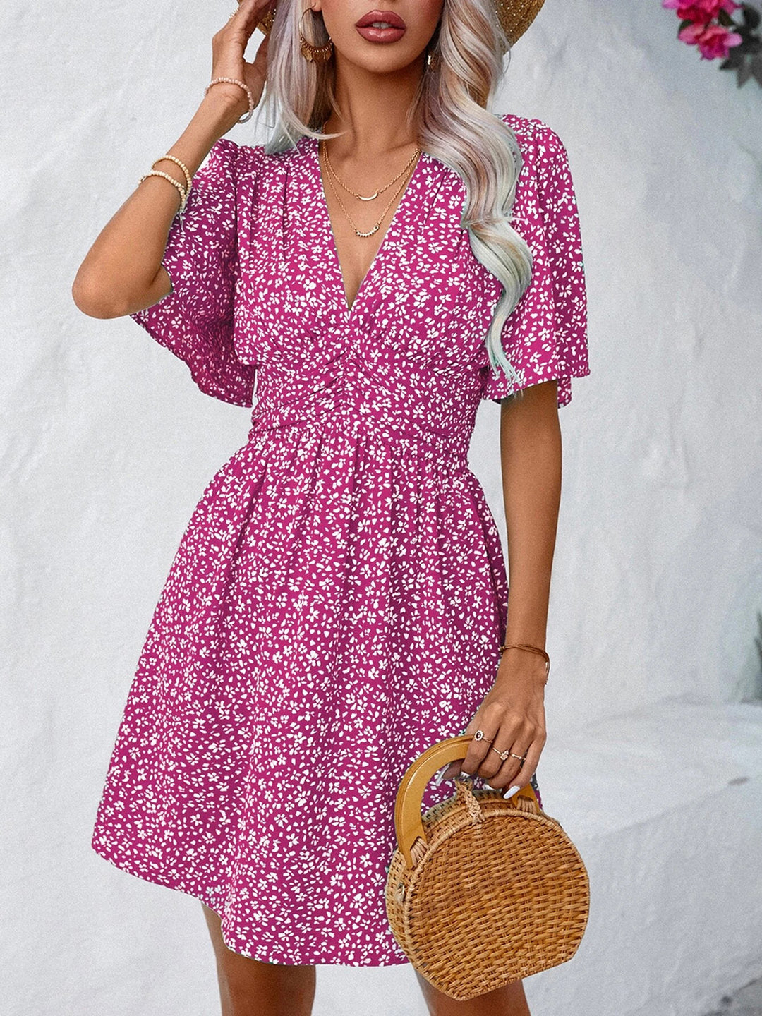 PRE-ORDER: Printed V-Neck Half Sleeve Mini Dress