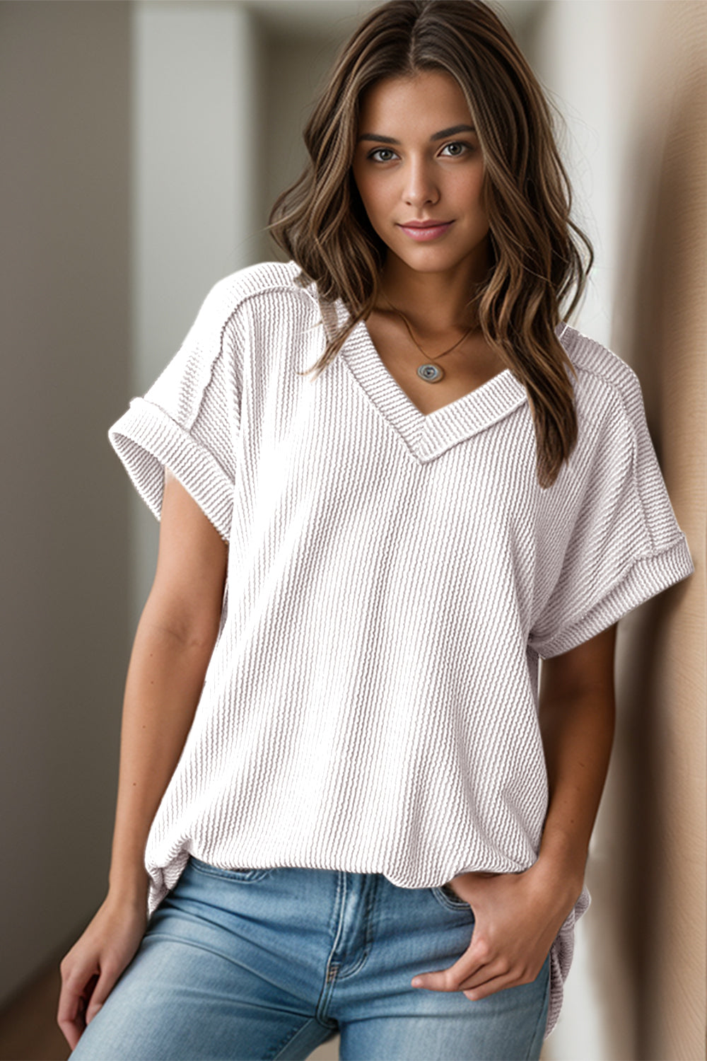 PRE-ORDER: Textured V-Neck Short Sleeve Top