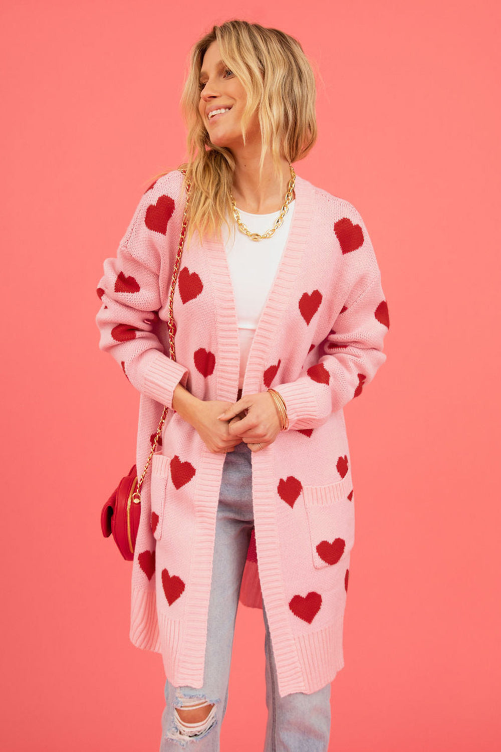 PRE-ORDER: Heart Graphic Open Front Cardigan with Pockets