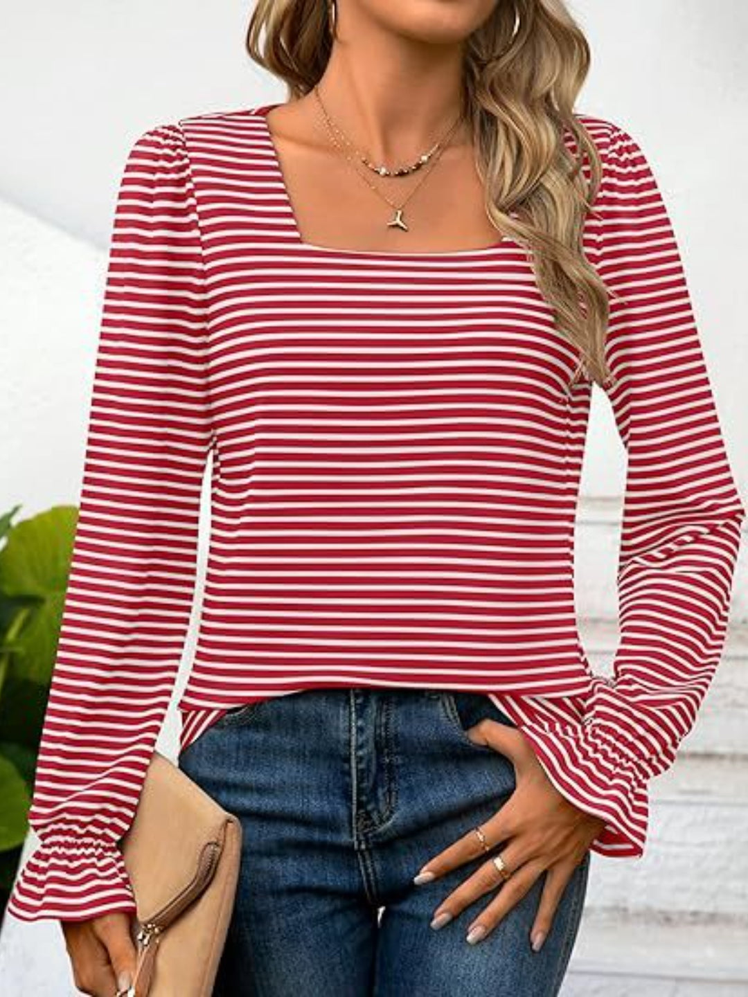 PRE-ORDER: Striped Square Neck Flounce Sleeve Top