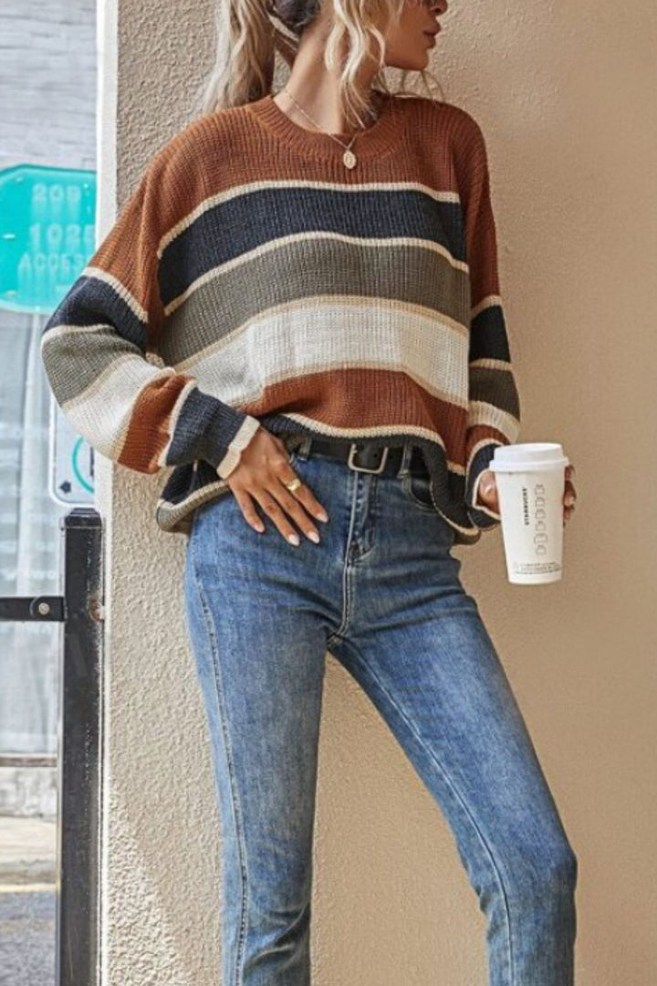 PRE-ORDER: Contrast Striped Round Neck Long Sleeve Sweater