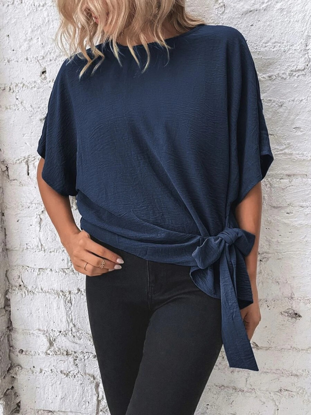 PRE-ORDER: Knotted Round Neck Half Sleeve Blouse