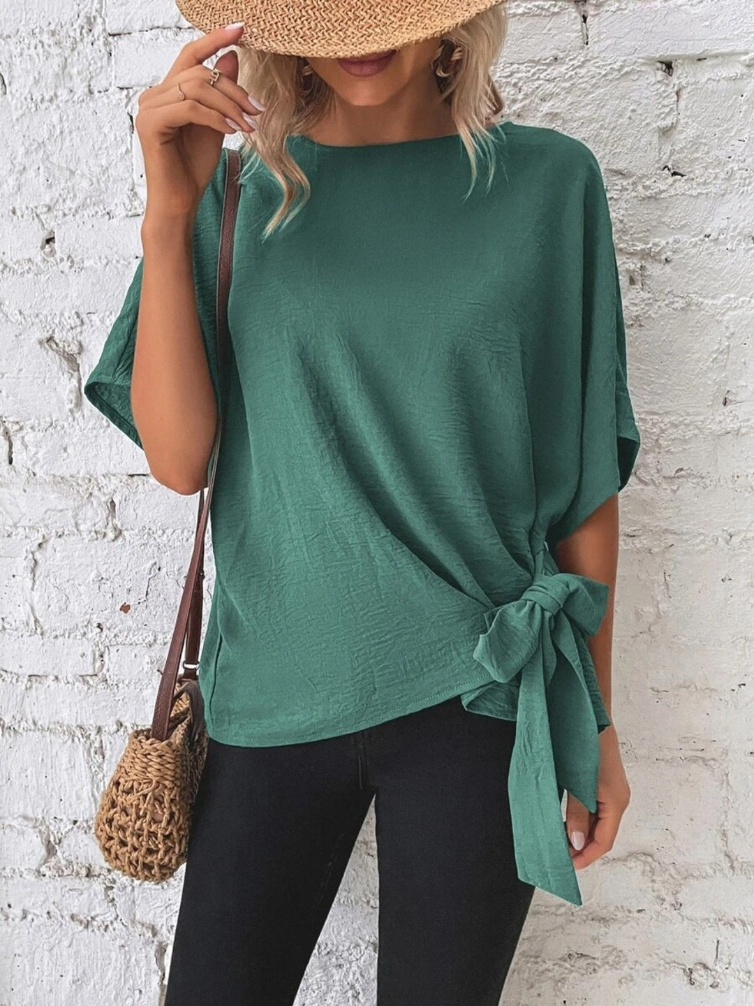 PRE-ORDER: Knotted Round Neck Half Sleeve Blouse