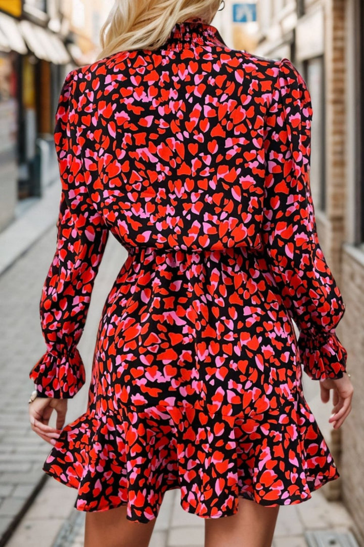 PRE-ORDER: Heart Printed Mock Neck Flounce Sleeve Dress