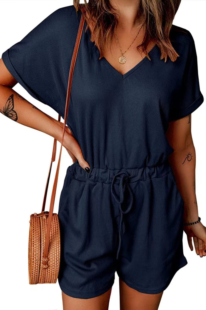 PRE-ORDER: Full Size Drawstring V-Neck Short Sleeve Romper