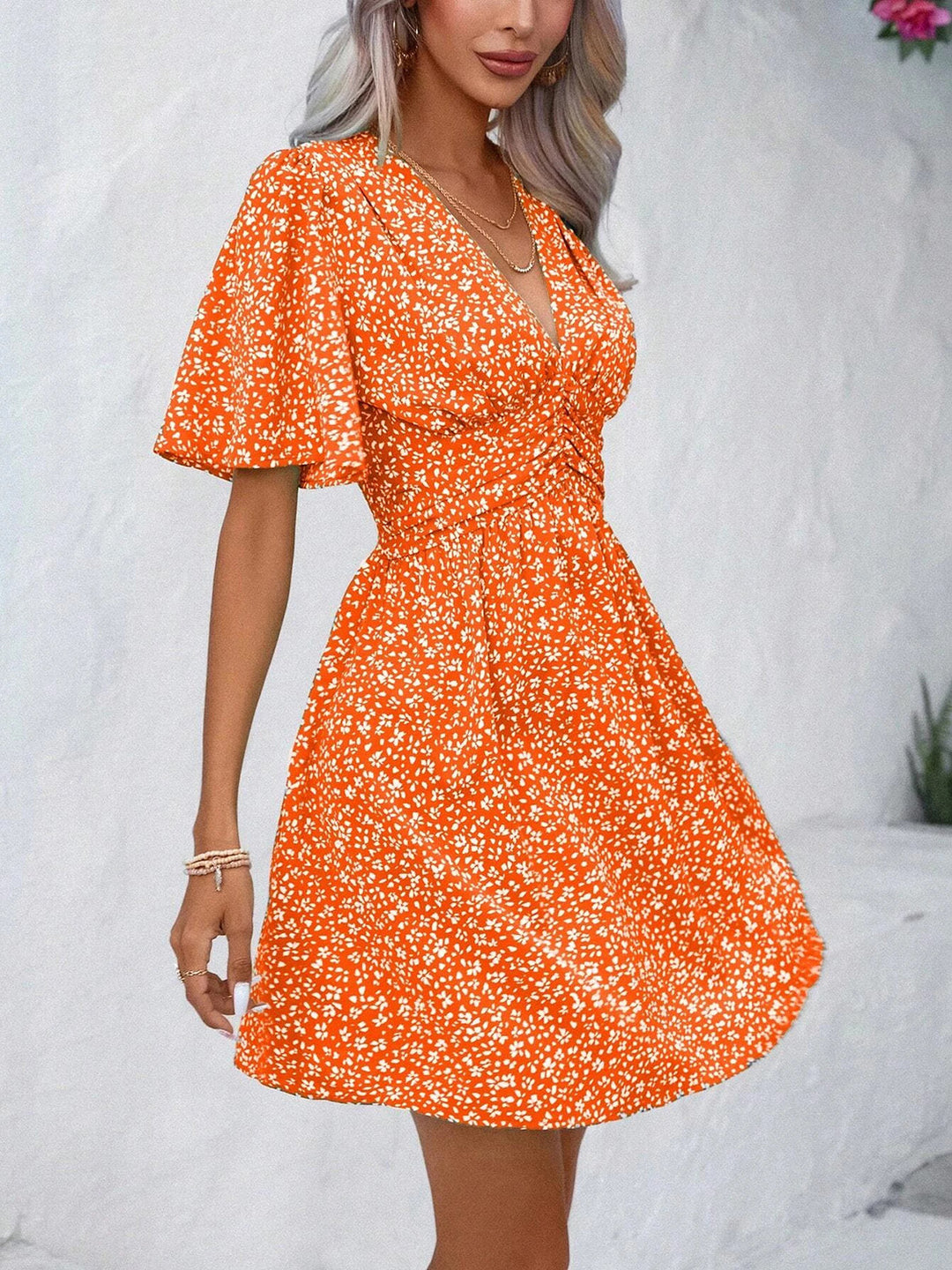 PRE-ORDER: Printed V-Neck Half Sleeve Mini Dress