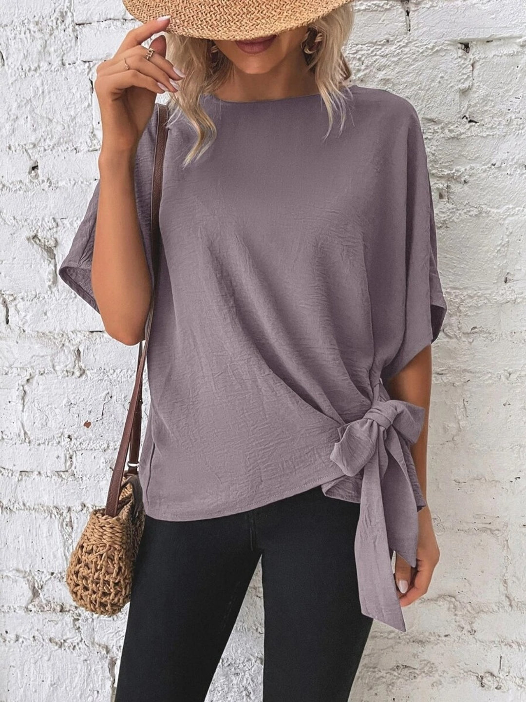 PRE-ORDER: Knotted Round Neck Half Sleeve Blouse