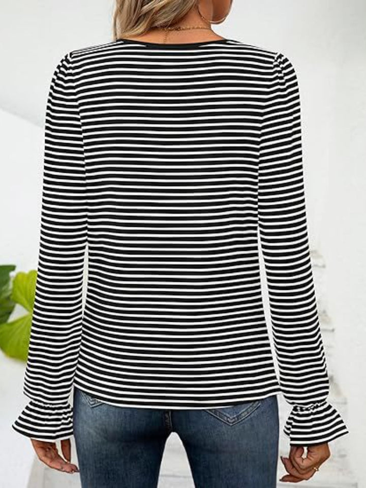 PRE-ORDER: Striped Square Neck Flounce Sleeve Top