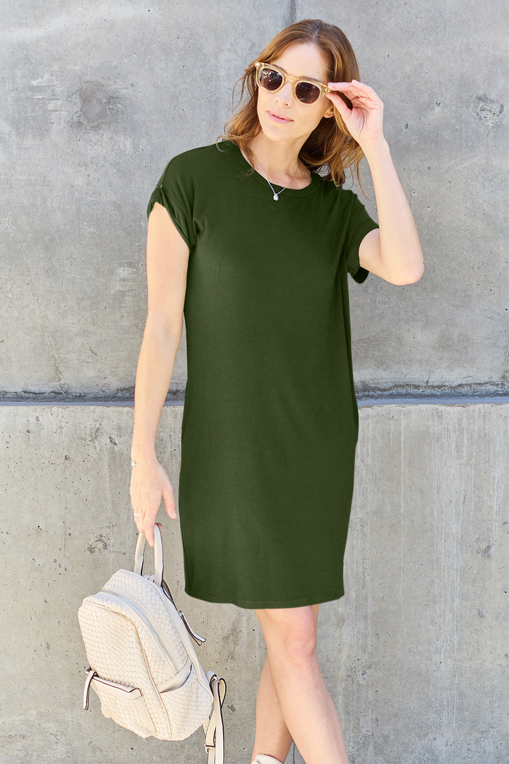 PRE-ORDER: Basic Bae Full Size Round Neck Short Sleeve Dress with Pockets