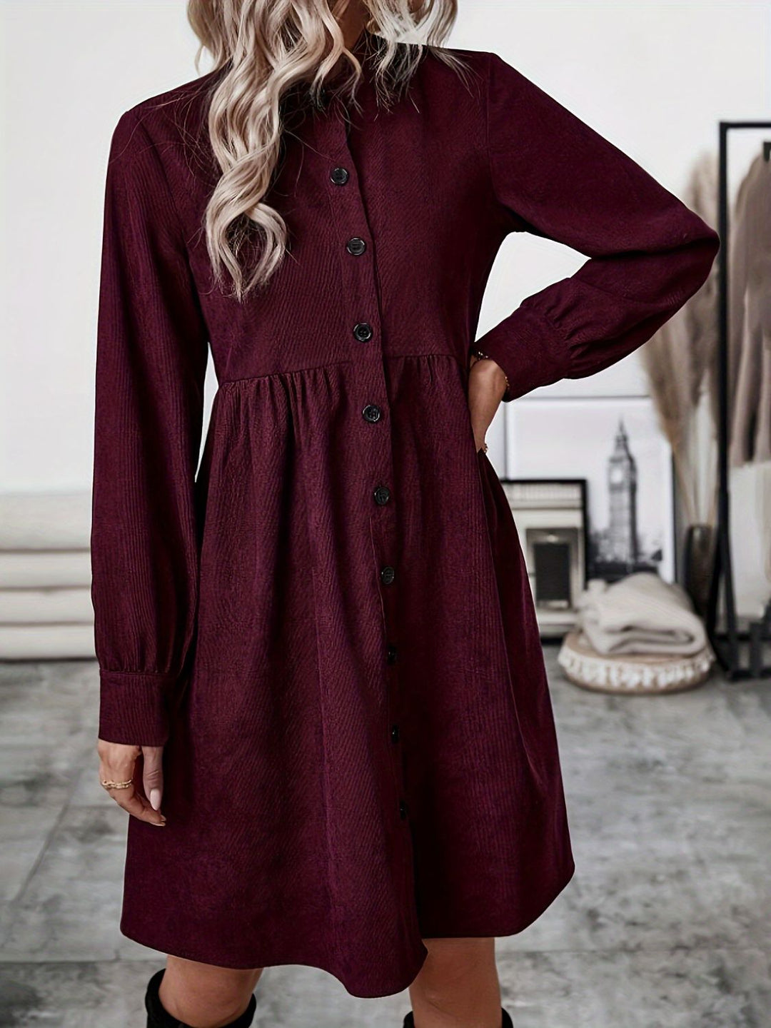 PRE-ORDER: Ruched Button Up Long Sleeve Dress