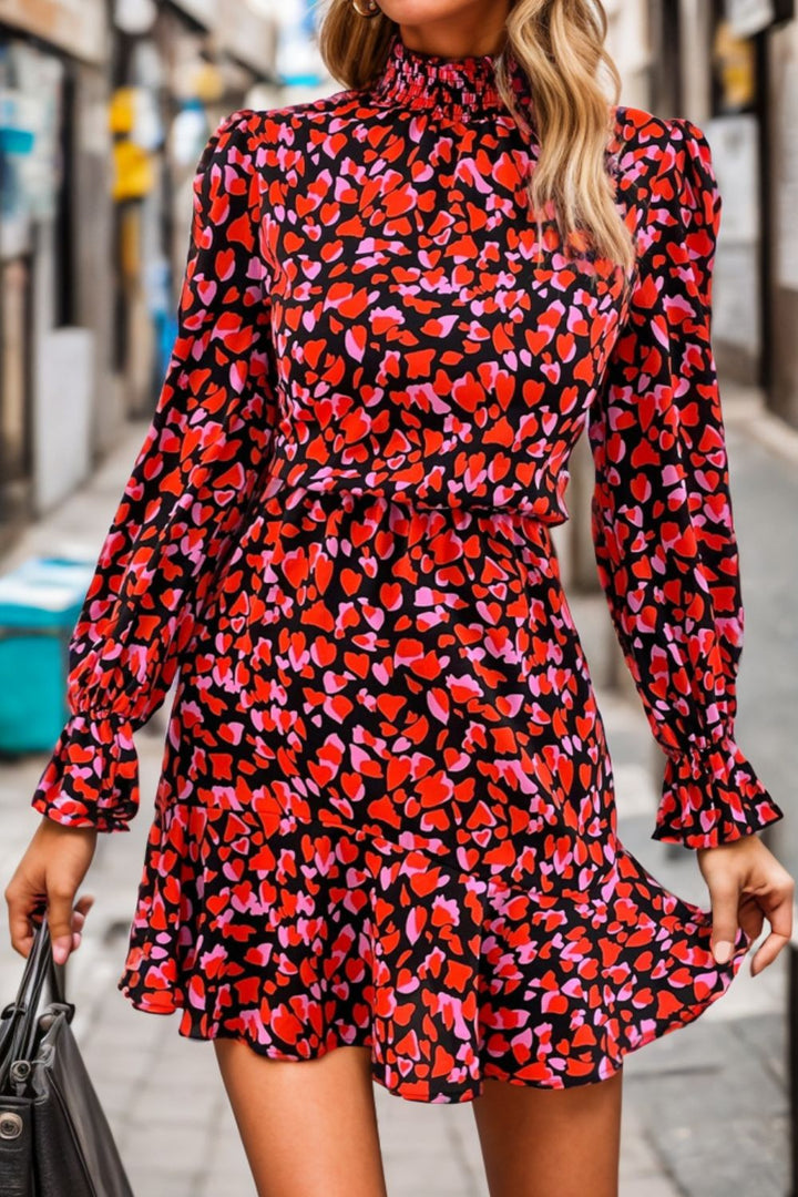 PRE-ORDER: Heart Printed Mock Neck Flounce Sleeve Dress