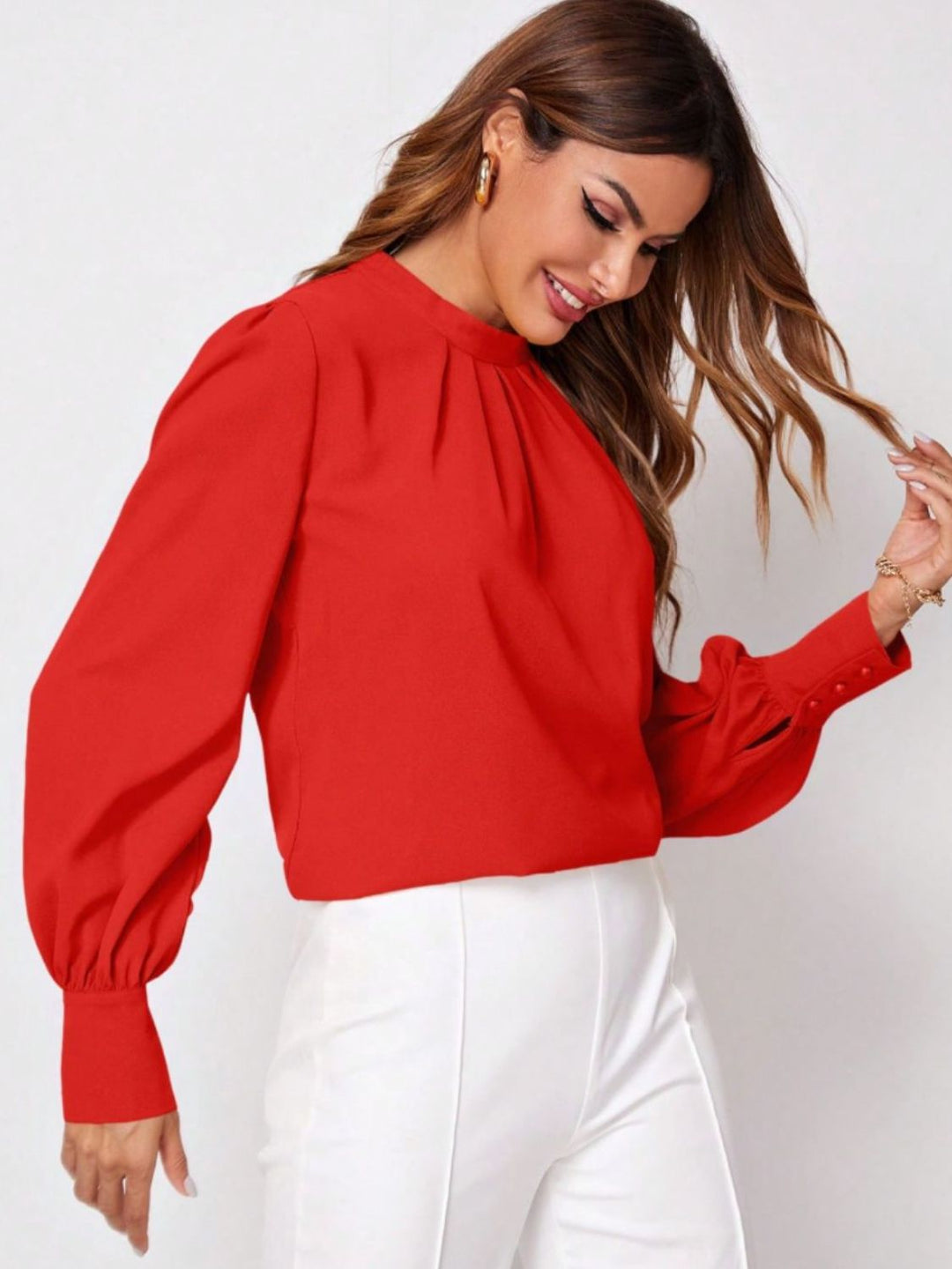 PRE-ORDER: Ruched Mock Neck Long Sleeve Blouse