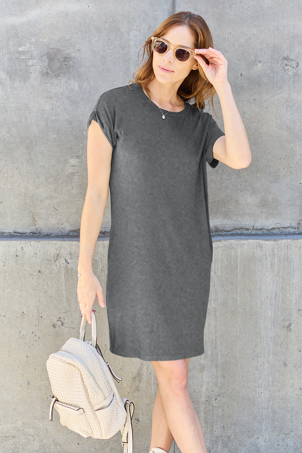 PRE-ORDER: Basic Bae Full Size Round Neck Short Sleeve Dress with Pockets